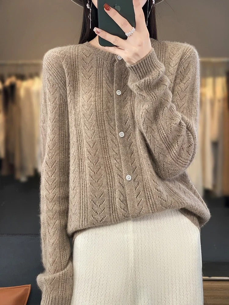 Lång Ajour Ullkofta Dam med Knappstängning - Elegant Cardigan för Vardags och Fest 5