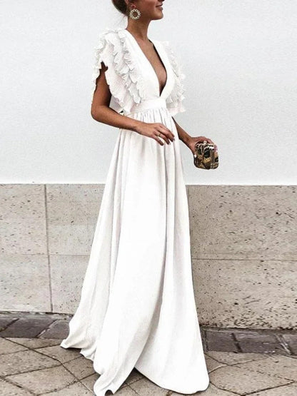 Kvinnors V-ringad Klänning med Ruffles i Högkvalitativt Polyester-4