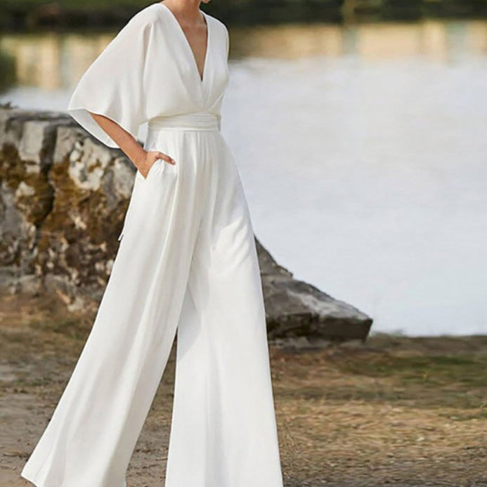 Kvinnors Hög Midja Jumpsuit i Lätt Polyester med Bred Halsringning – Elegant och Bekväm för Vardags och Fest 1