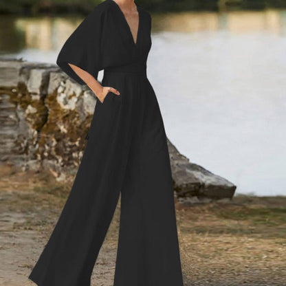 Kvinnors Hög Midja Jumpsuit i Lätt Polyester med Bred Halsringning – Elegant och Bekväm för Vardags och Fest 2