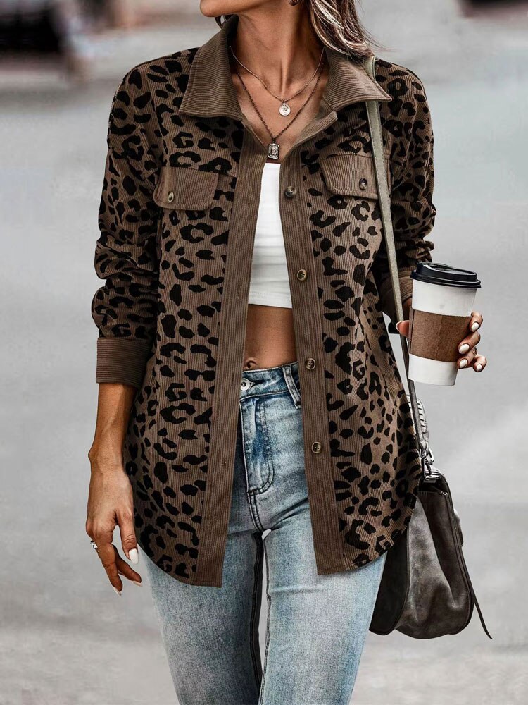Damjacka Leopardmönster Trendig Polyester Jacka för Dam 9