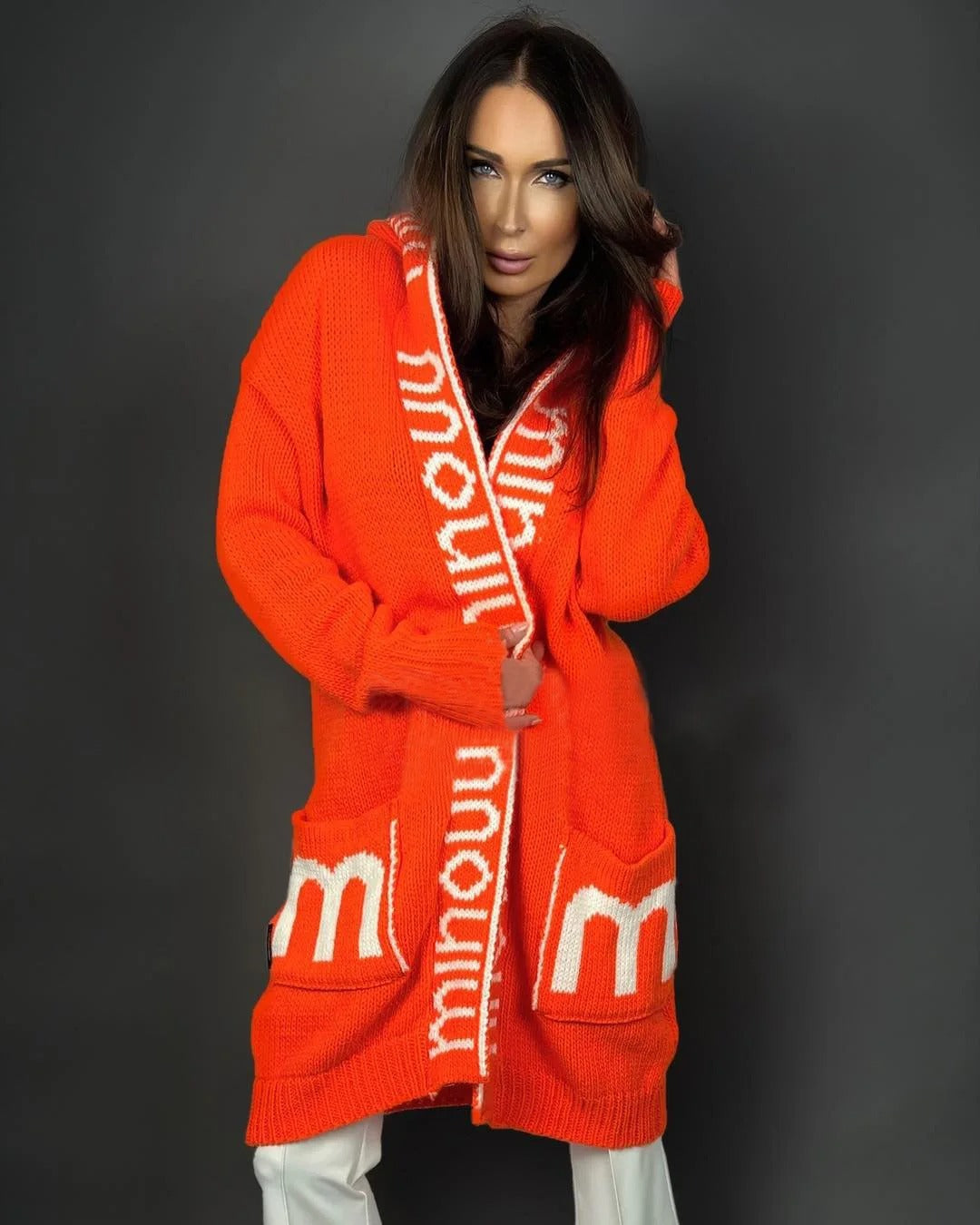 Kvinnors Stickad Jacka med Huva och Fickor Högkvalitativt Material 13