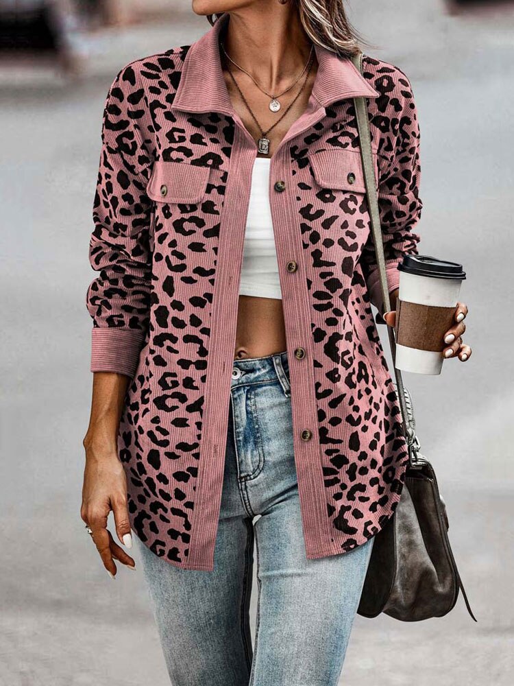 Damjacka Leopardmönster Trendig Polyester Jacka för Dam 15