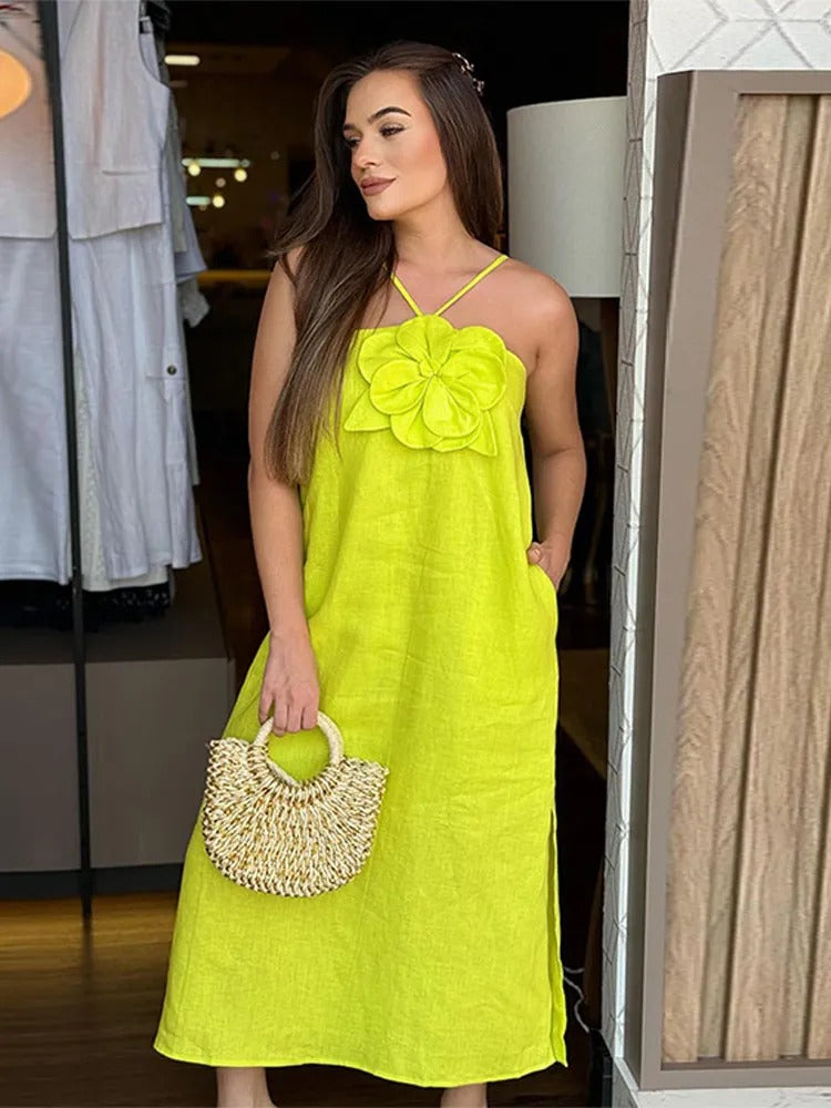 Dam Midiklänning Ärmlös med Höga Slitsar och 3D-Blommor i Polyester och Elastan-5