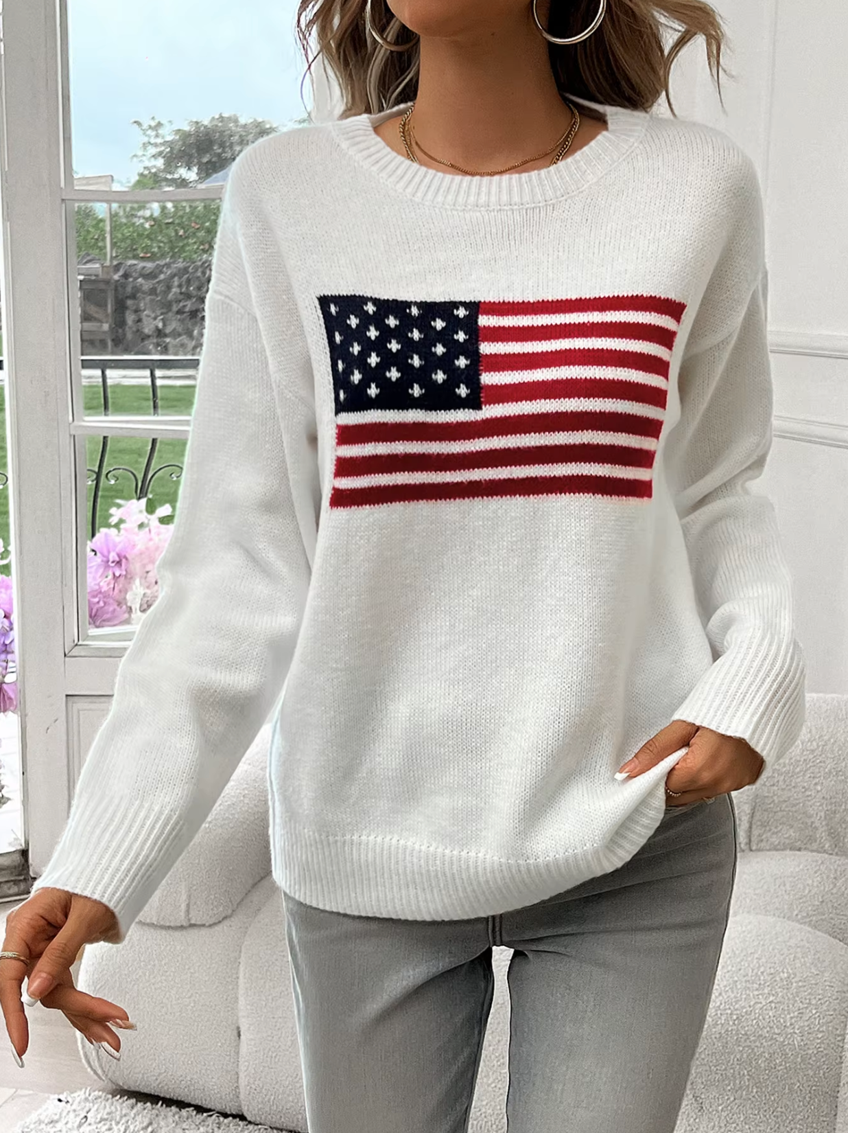 Dam Tröja Rund Hals Mjuk Bomull Amerikansk Flagga-5