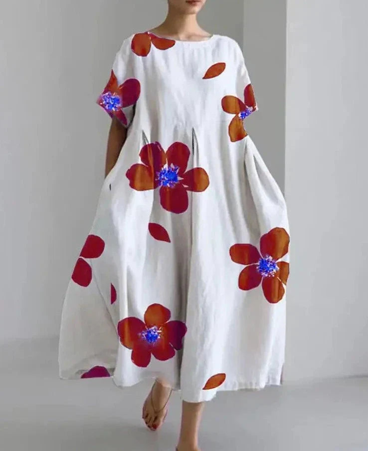 Kvinnors Linneklänning Blommönster Lätt Avslappnad-5