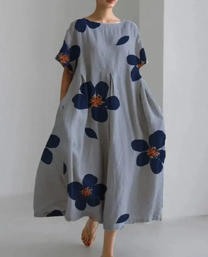 Kvinnors Linneklänning Blommönster Lätt Avslappnad-2