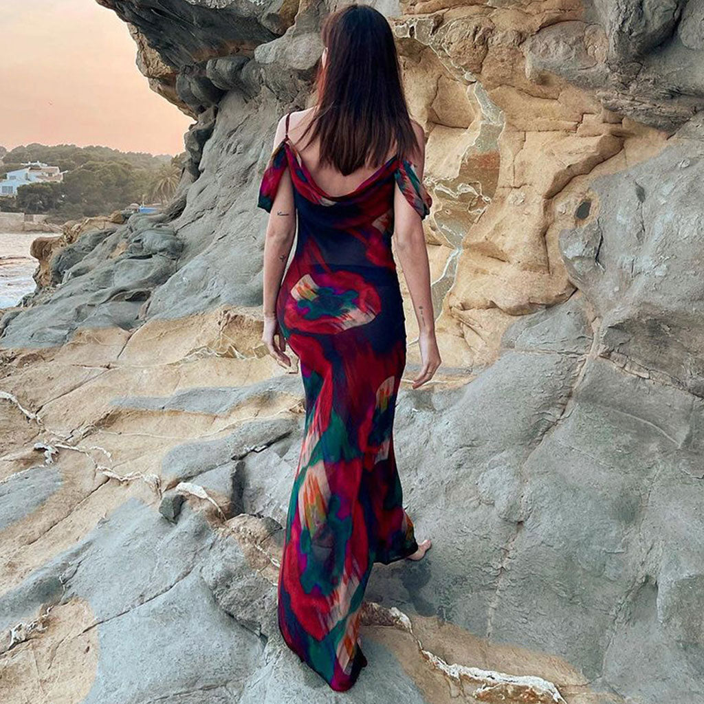 Maxiklänning Dam Vintage Tryck Långa Klänningar Polyester Fria Axlar-2