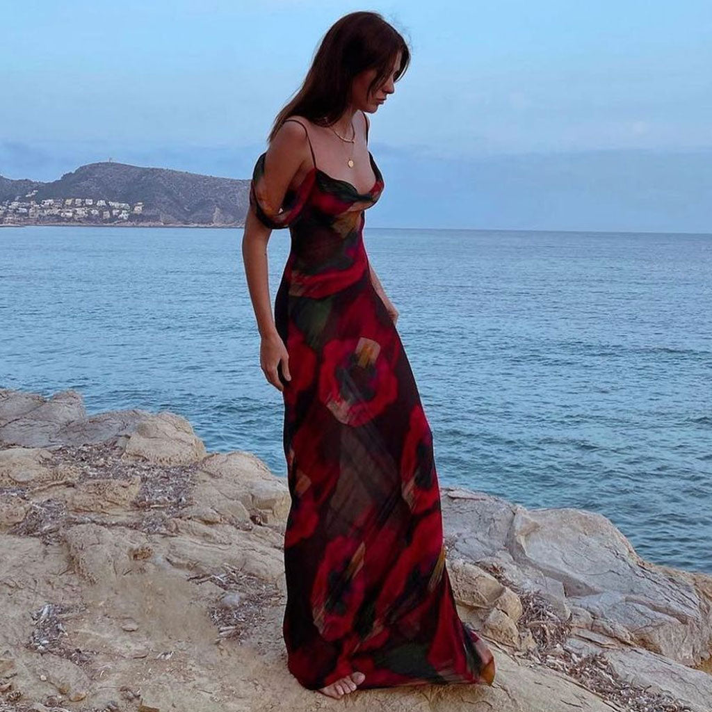 Maxiklänning Dam Vintage Tryck Långa Klänningar Polyester Fria Axlar-3