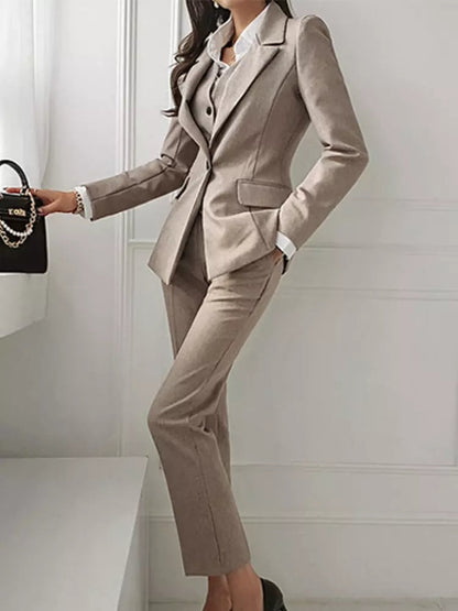 Dam Blazer Set Monokrom Polyester med Långärmad Topp, Väst och Byxor-5
