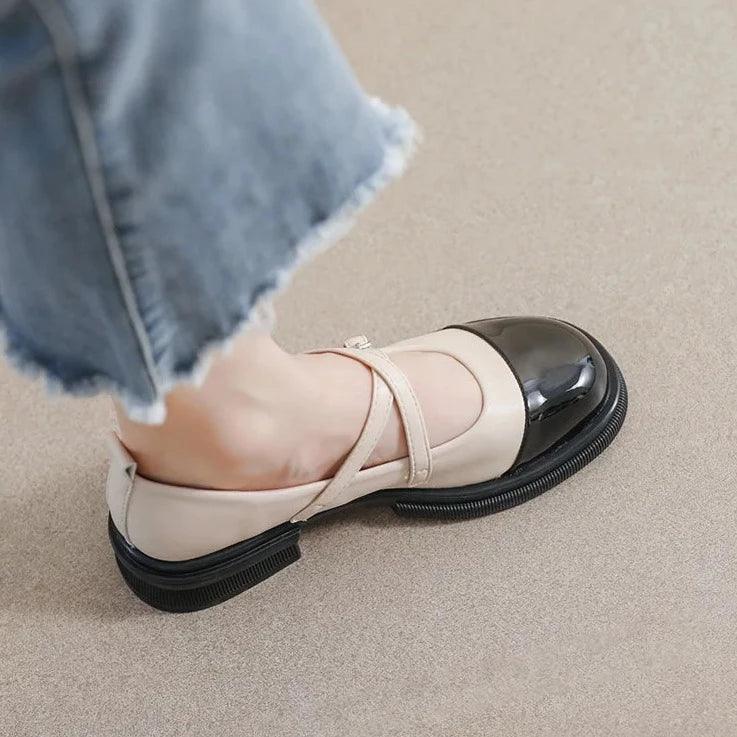 Dam Mary-Jane Lägenheter Tvåfärgad Syntetiskt Läder med Dubbelremmar-4