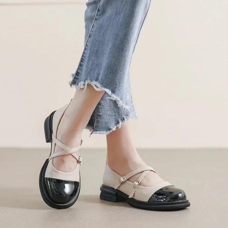 Dam Mary-Jane Lägenheter Tvåfärgad Syntetiskt Läder med Dubbelremmar-1