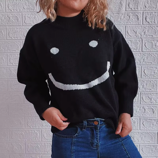 Stickad Dam Tröja med Smiley Ansikte Mjuk Blandning av Material-1