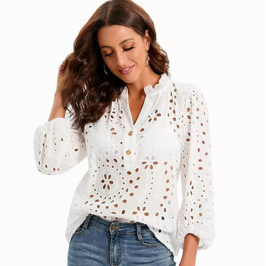 Kvinnors Blus Modern Broderad Polyester Tre Fjärdedelar-1