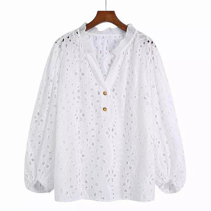 Kvinnors Blus Modern Broderad Polyester Tre Fjärdedelar-4