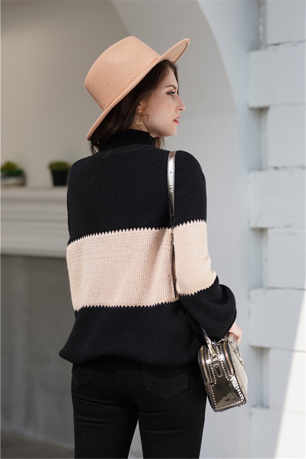 Stickad Dam Tröja Hög Krage Bred Ränder Akryl-4