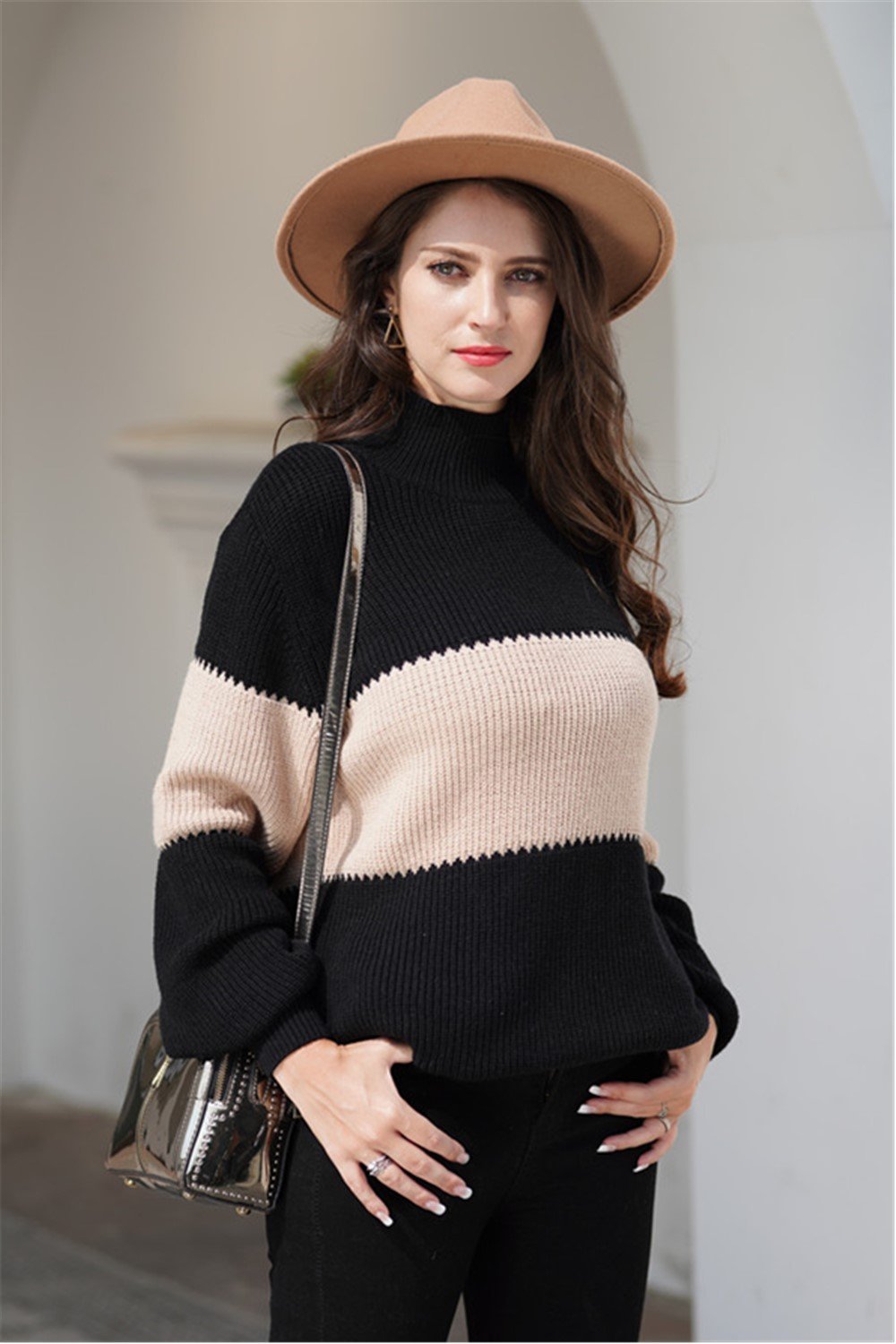 Stickad Dam Tröja Hög Krage Bred Ränder Akryl-2