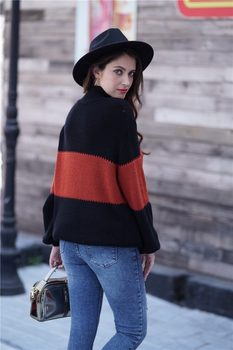 Dam Tröja Hög Krage Löst Sittande Akryl Randig-5