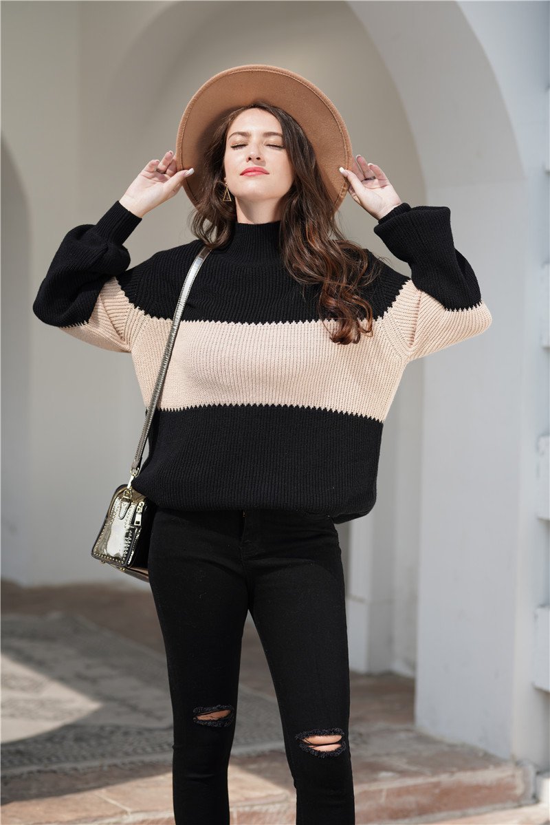 Stickad Dam Tröja Hög Krage Bred Ränder Akryl-5