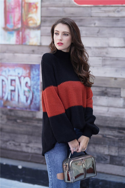 Dam Tröja Hög Krage Löst Sittande Akryl Randig-4