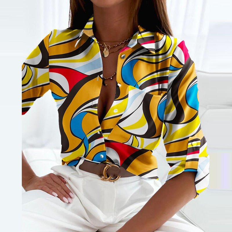 Dam Blus Knappblus Modern Design Polyester med Tryck-4