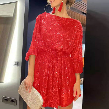 Variant image for Kvinnors Glittrig Mini Klänning med Paljetter Elastisk Tygblandning-17