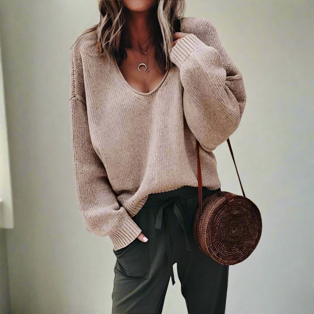 Dam V-halsad Stickad Tröja Mjuk Akryl för Höst/Vinter-5