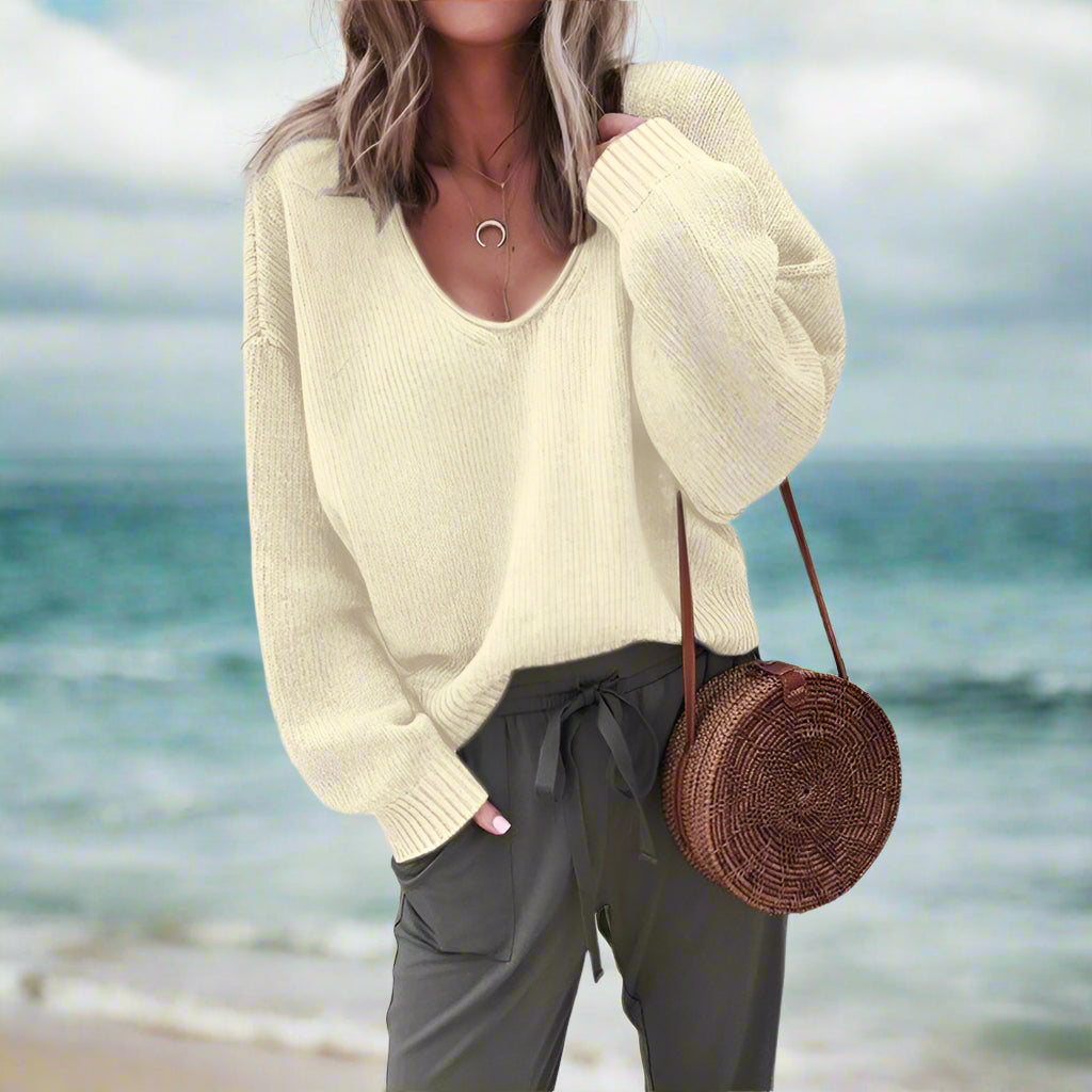 Dam V-halsad Stickad Tröja Mjuk Akryl för Höst/Vinter-3