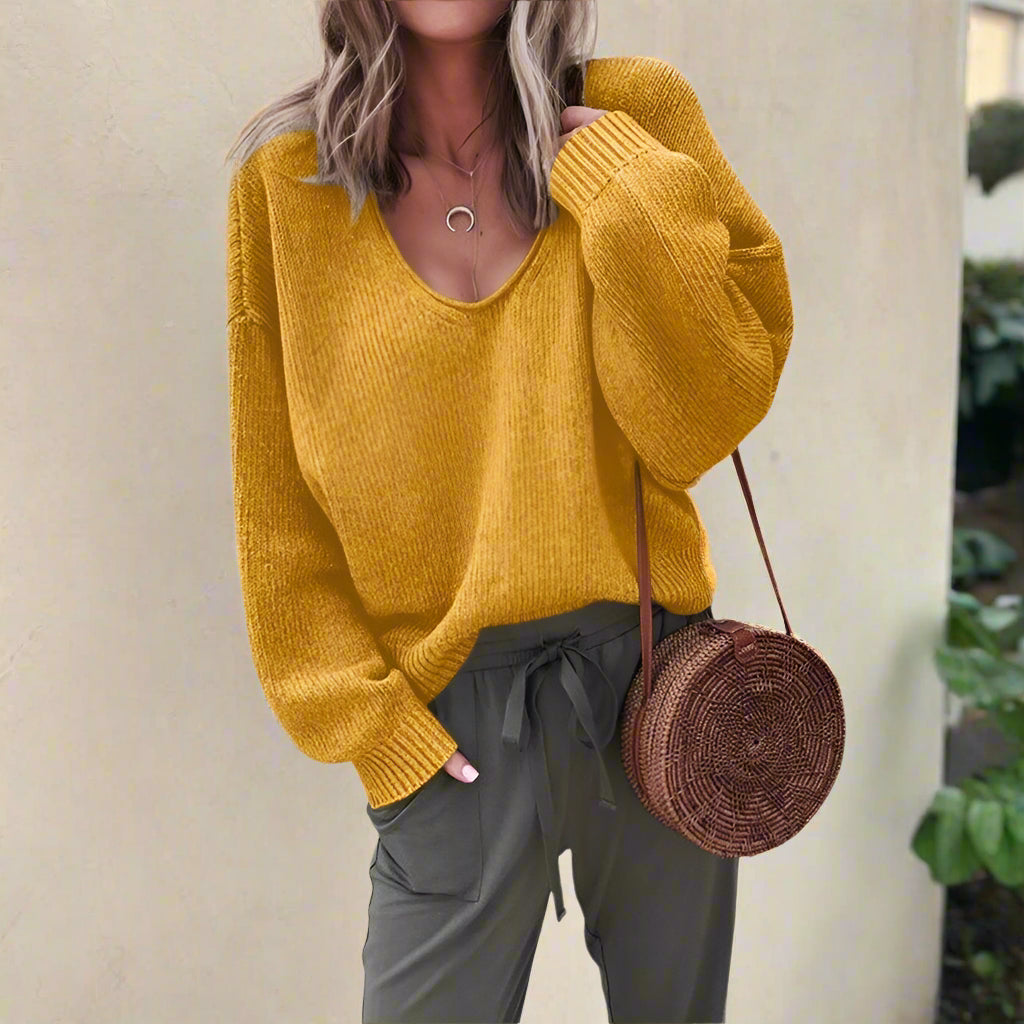 Dam V-halsad Stickad Tröja Mjuk Akryl för Höst/Vinter-4