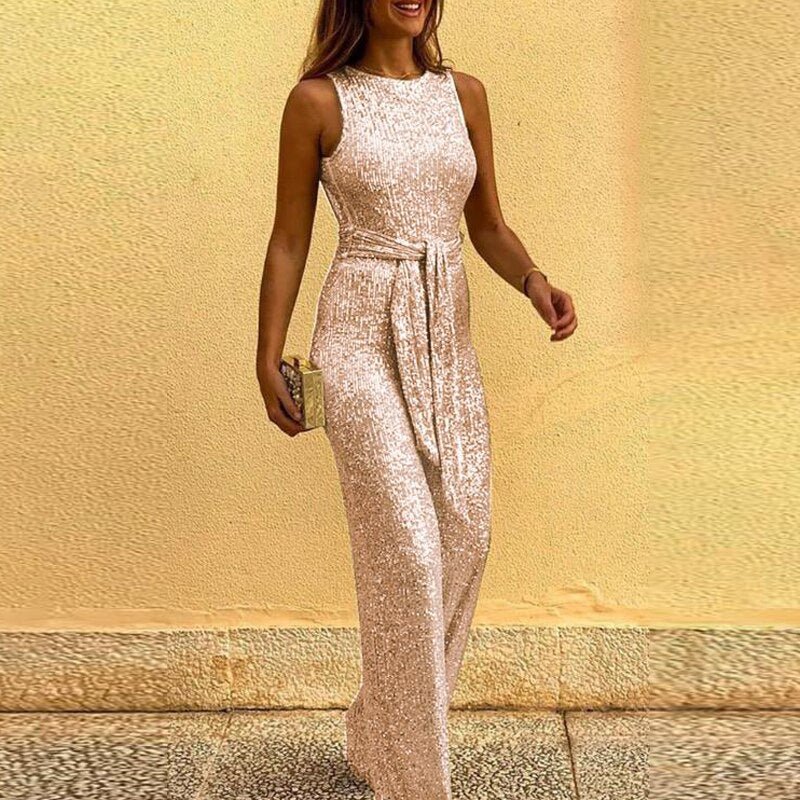 Kvinnors Monokrom Jumpsuit i Paljetter – Glittrande Nylon för Fest och Speciella Evenemang 2