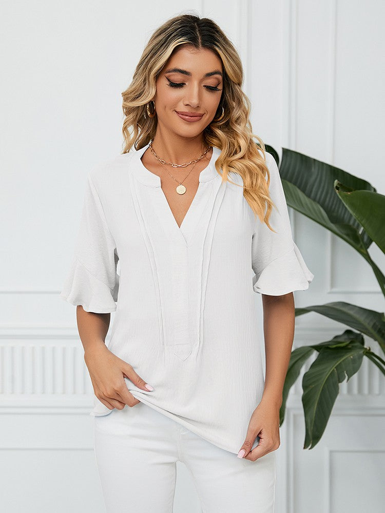 Kvinnors Blus V-ringning Korta Ärmar Polyester 2