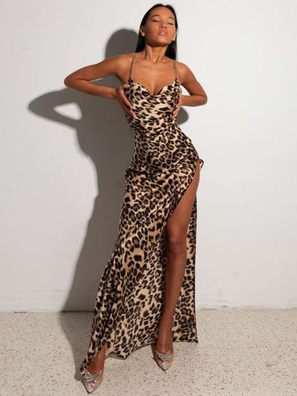 Maxiklänning Dam Leopardmönster med Sido Slitsar Polyester för Sommar 1