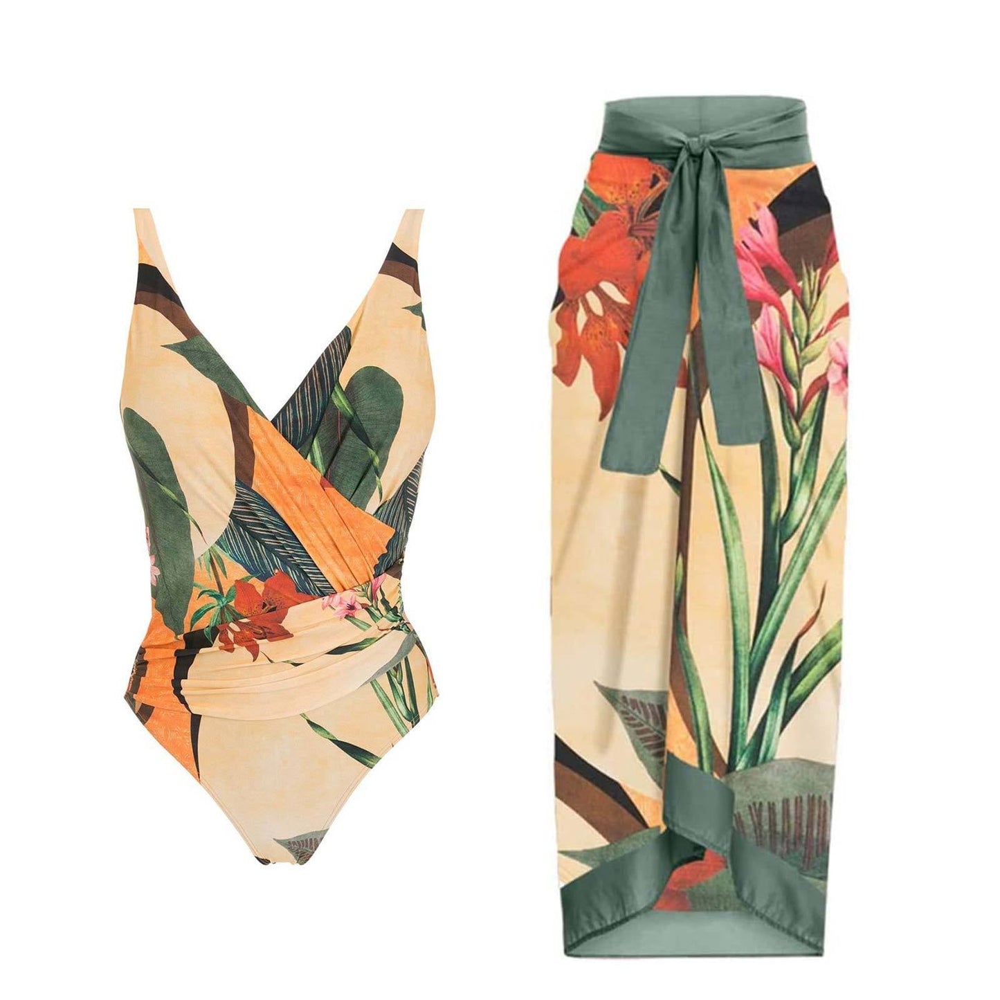 Baddräkt Dam med Djup V-ringning och Kimono Stil – Blommönster i Hållbar Polyester, Perfekt för Strand och Simning 4