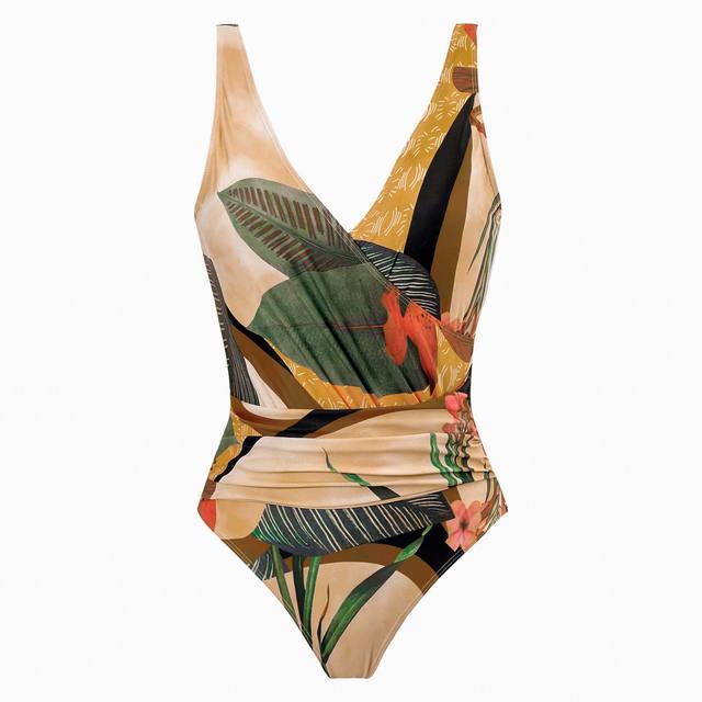 Baddräkt Dam med Djup V-ringning och Kimono Stil – Blommönster i Hållbar Polyester, Perfekt för Strand och Simning 1