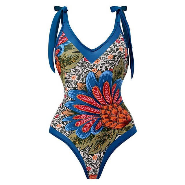 Baddräkt Dam med Djup V-ringning och Kimono Stil – Blommönster i Hållbar Polyester, Perfekt för Strand och Simning 13