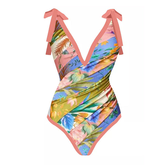 Baddräkt Dam med Djup V-ringning och Kimono Stil – Blommönster i Hållbar Polyester, Perfekt för Strand och Simning 25