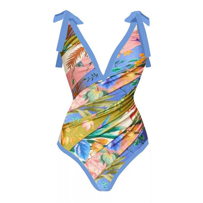 Baddräkt Dam med Djup V-ringning och Kimono Stil – Blommönster i Hållbar Polyester, Perfekt för Strand och Simning 27