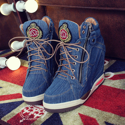 Kvinnliga Sneakers Hög Plattform Denim Komfortabel Design-6