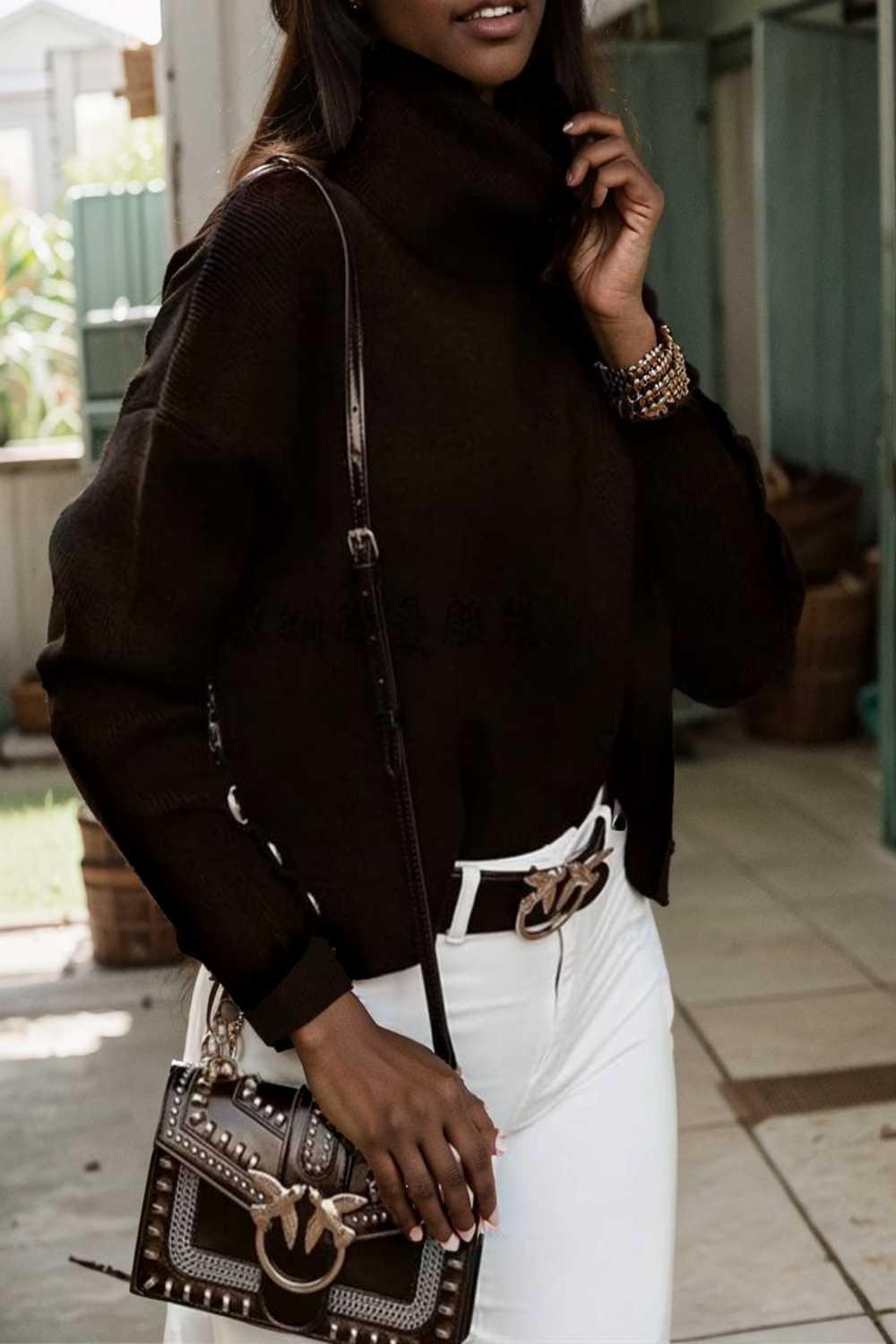 Kvinnors Turtleneck Tröja Monokrom Långärmad 100% Bomull-1