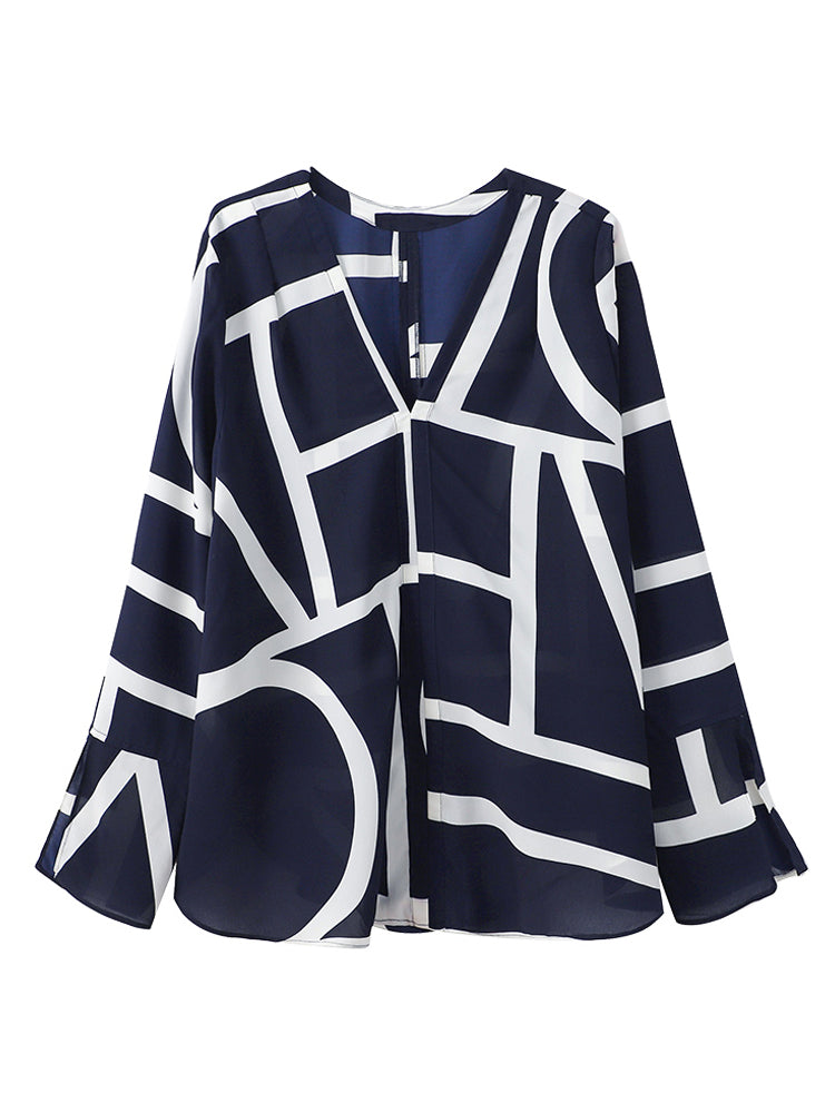 Dam Chiffongblus V-ringning Långa Ärmar Rynkfri Polyester-5