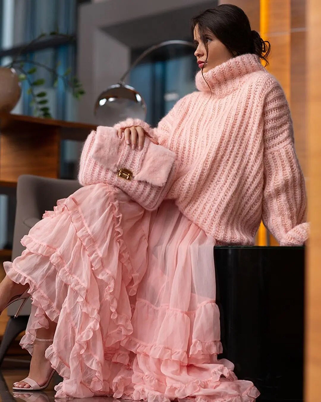 Dam Tröja Överdimensionerad Hög Turtleneck Polyester-5