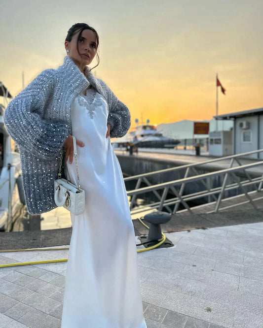 Dam Cardigan Glittrande Siden Ull Elegant 1