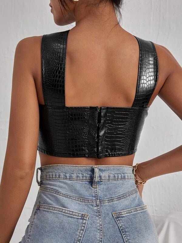 Dam Crop Top Djurdesign PU-Läder-2