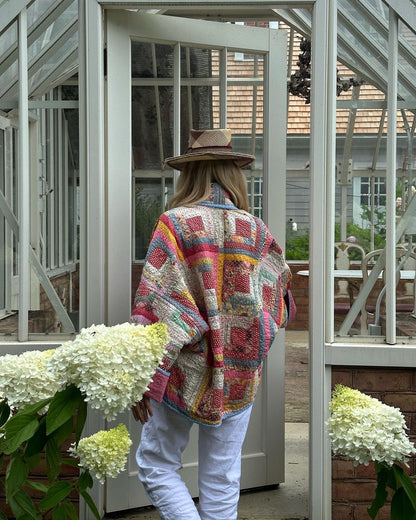 Kvinna Kimono Jacka Avslappnad Polyester Färgglad Lapptäcktsdesign-4
