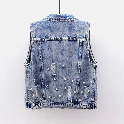 Dam Jeansväst Slim Fit med Broderade Blommor och Pärlapplikationer-4