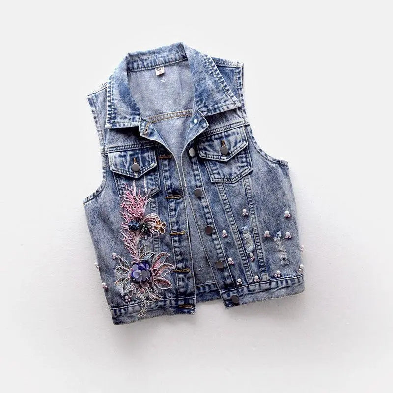 Dam Jeansväst Slim Fit med Broderade Blommor och Pärlapplikationer-5