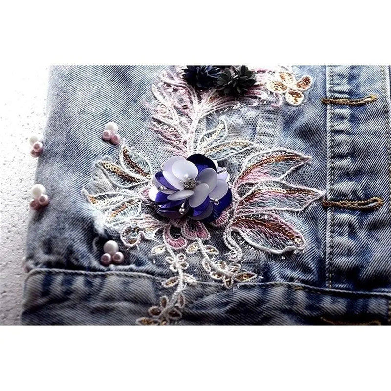 Dam Jeansväst Slim Fit med Broderade Blommor och Pärlapplikationer-6