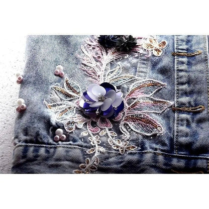 Dam Jeansväst Slim Fit med Broderade Blommor och Pärlapplikationer-6