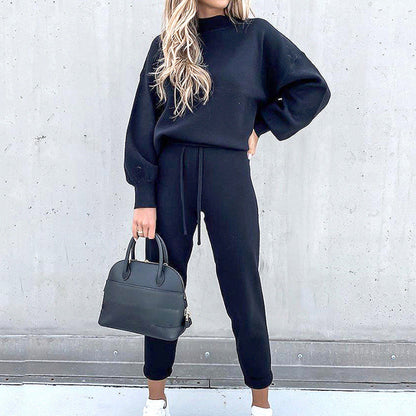 Vit Dam Kostym Turtleneck med Ballongärmar i Mjukt Tyg-3