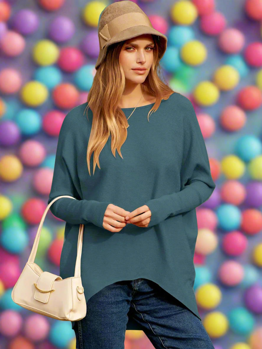 Stickad Dam Tröja Överdimensionerad Ull med Dolmanärmar-6